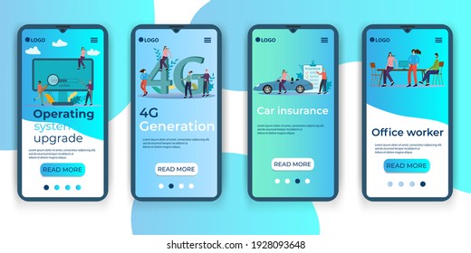 Operating system recovery, 4G, Auto insurance, Office workers.A set of UI, UX interfaces for smartphone screens.Features of adaptive design.Flat vector illustration.