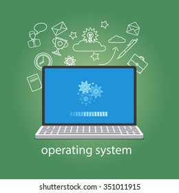 Operating System Softwear. OS Concept With Laptop And Gears. Vector Illustration. 