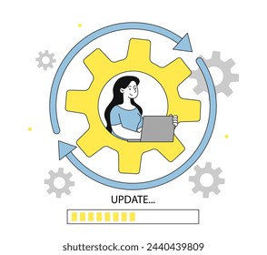 Operating system upgrade linear. Woman with laptop inside coghweel and gear. Technical support and assistant. Downloading files, updating programs and software. Doodle flat vector illustration