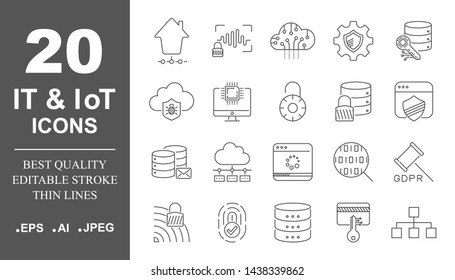 Operating system vector icon set in thin line style. IT and IoT icons, protection, networks. Editable Stroke. EPS 10.