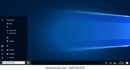 Operating system window in blue dark style with start menu and system programs. Modern control panel with app. Desktop with applications.