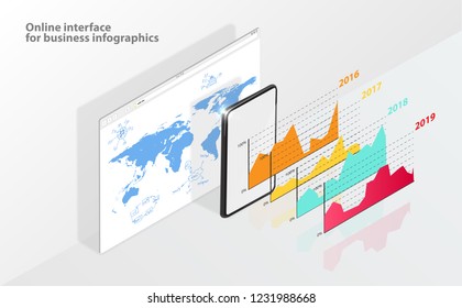 operating system window and mobile phone with infographics