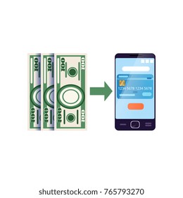Operation with cash assets, using bank mobile app . Mobile wallet. Icon of personal financial management application. Flat vector