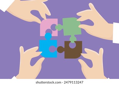 operation concept business vector. several people assemble and put puzzles together.