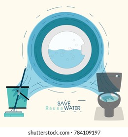 Operation of front door washer in ripples frame, on water flow background. Showing 2 way of reuse rinse water from washing machine. Lifestyle habit to save water concept. Vector illustration.