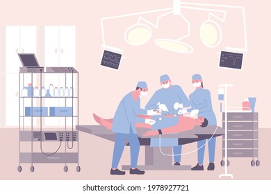 Operation in hospital flat composition with surgery room scenery and group of surgeons performing surgical operation vector illustration