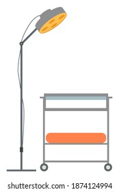 Icono de la lámpara de funcionamiento. Caricatura del icono vector de lámpara de funcionamiento para el diseño web. Pequeña mesa para el almacenamiento de instrumentos médicos aislados sobre fondo blanco. Cuadro de procedimientos operativos y equipo
