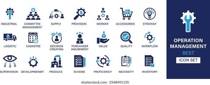 Operation management best solid icon set collection. Industrial, committee, supply, provision, worker, accessories, strategy, logistics, cadaster and vector illustration.