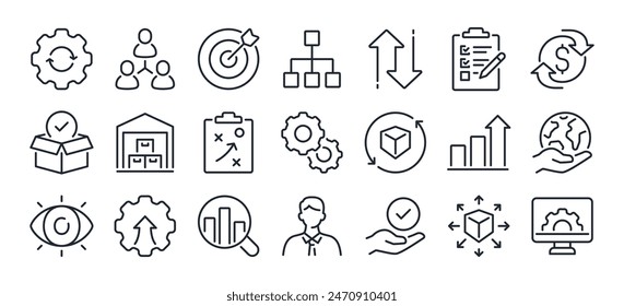 Gestión de operaciones y administración de negocios editable trazo contorno iconos conjunto aislado en fondo blanco Ilustración vectorial plana. Píxel perfecto. 64 x 64