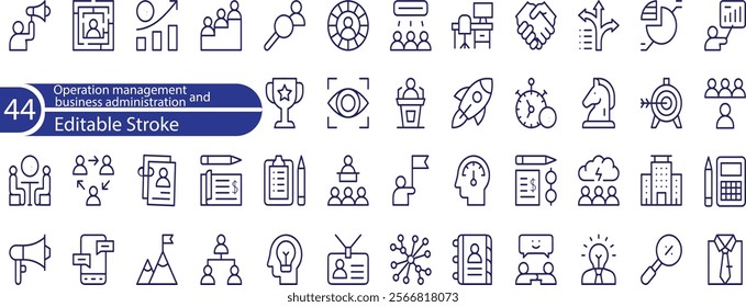 Operation management and business administration editable stroke outline icons set isolated on white background flat vector illustration.