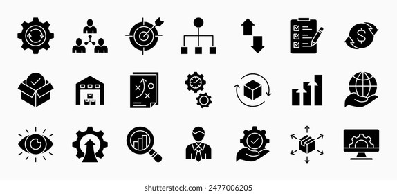 Symbole für die Betriebsverwaltung und die Unternehmensverwaltung; flache Symbole für die Vektorillustration, isoliert auf weißem Hintergrund. 