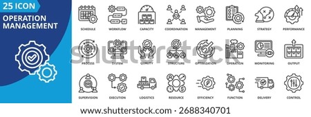 operation management icon set collection in outline style. icon pack contain process, planning, control, strategy, workflow, efficiency, schedule, coordination, monitoring, execution