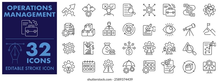 Operation management icons Business administration, Workflow, Planning, Analysis, Task , Process and more Editable Stroke Icons set