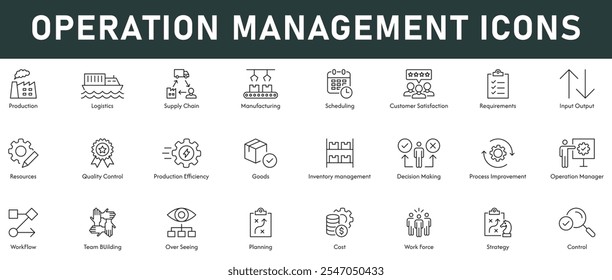 Gerenciamento de operações Icons ilustração de vetor com linha fina editável traço contém logística de produção requisitos de fabricação controle de qualidade de recursos eficiência melhoria de inventário