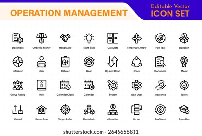 Ícones de linha de gerenciamento de operações. Para design de marketing do site, logotipo, aplicativo, modelo, iu, etc. Contornar a coleção de ícones.