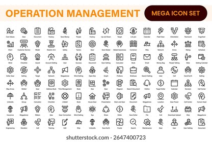 Ícones de linha de gerenciamento de operações. Para design de marketing do site, logotipo, aplicativo, modelo, iu, etc. Contornar a coleção de ícones.