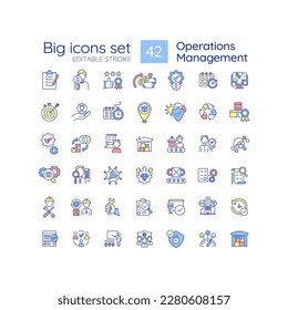 Operation management RGB color icons set. Business process administration. Maintenance and improvement. Isolated vector illustrations. Simple filled line drawings collection. Editable stroke