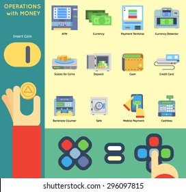 Operation Money Banking Payment ATM Cash Check Machine Coin Hands Flat Icon Isolated Set Vector Illustration