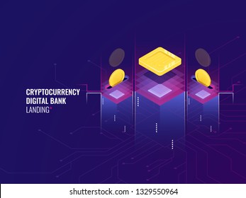 Operation with money in internet space, isometric concept of digital money management, online banking and accounting finance, blockchain cryptocurrency ultraviolet vector