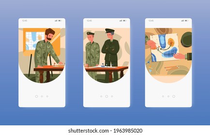 Operation plan. Military mission, training, war. Mobile app screens, vector website banner template. UI, web site design