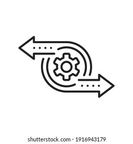 operation process or workflow with gear. flat outline trend modern simple recycle or execute logotype graphic art design element isolated on white. concept of solution realization or financial engine