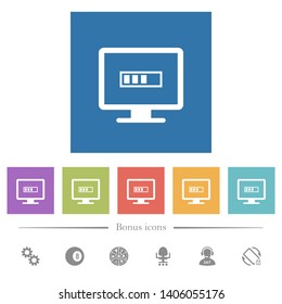 Operation in progress flat white icons in square backgrounds. 6 bonus icons included.