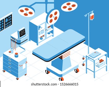 Operation room with surgical equipment and instruments 3d isometric vector illustration