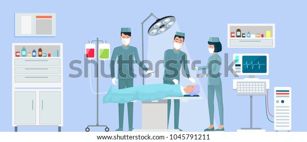 手術 医師 看護師が ベクターイラストに示された現代の技術を使って患者の健康を管理する のベクター画像素材 ロイヤリティフリー