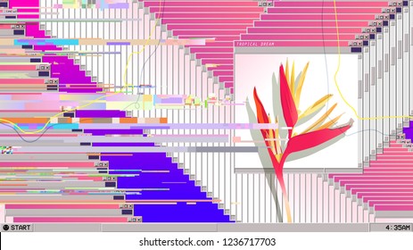 Operation system desktop display glitch and error with tropical bird of paradise flower, vaporwave nostalgic background template