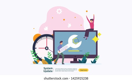 operation system update progress concept. data synchronize process and installation program. illustration web landing page template, banner, presentation, UI, poster, ad, promotion or print media