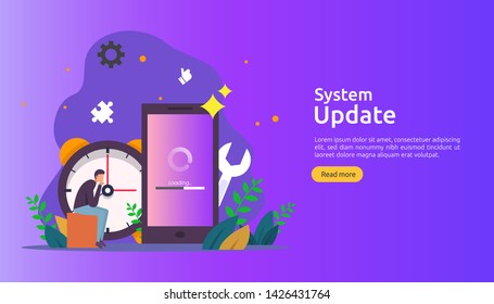 operation system update progress concept. data synchronize process and installation program. illustration web landing page template, banner, presentation, UI, poster, ad, promotion or print media