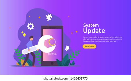 operation system update progress concept. data synchronize process and installation program. illustration web landing page template, banner, presentation, UI, poster, ad, promotion or print media