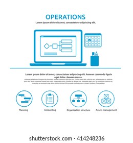 Operation team workplace with notebook screen and icons vector illustration concept website banner template 