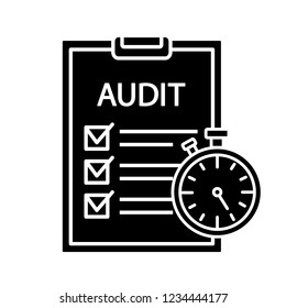 Operational audit glyph icon. Financial inspection. Internal audit. Increasing efficiency and effectiveness. Accounting and bookkeeping. Silhouette symbol. Negative space. Vector isolated illustration