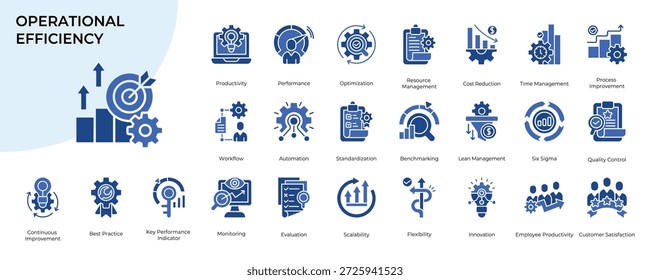Colección del conjunto de iconos de eficacia operativa en estilo de dos colores de glifo. Productividad, Rendimiento, Optimización, Recursos, Gestión, Tiempo, Efectivo