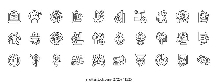 Funktionseffizienz-Symbolsatz-Kollektion im Linienstil. Produktivität, Performance, Optimierung, Ressourcen, Management, Zeit, Effektiv
