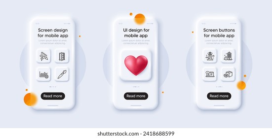 Excelencia operacional, Construcción y Paquete de iconos de la línea de puertas abiertas. El teléfono 3d se burla del corazón. Pantalla de teléfono inteligente de vidrio. Ahorro de electricidad, faro, icono web de documentación en línea. Vector