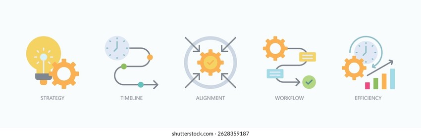 Conjunto De Iconos De Excelencia Operacional Vector Aislado Con Icono De Estrategia, Línea De Tiempo, Alineación, Flujo De Trabajo, Eficiencia En Estilo Plano
