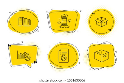 Operational excellence, Opened box and Office box signs. Chat bubbles. Buildings, Technical documentation and Lighthouse line icons set. City architecture, Manual, Beacon tower. Vector