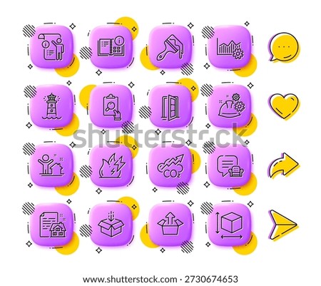 Operational excellence, Send box and Open door line icons. App 3d buttons. Social media comment, share, like icons. Pack of Lease contract, Lounge place, Inspect icon. Vector