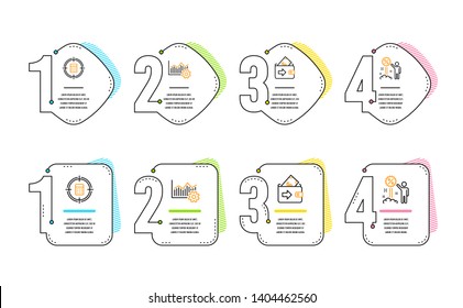 Operational excellence, Wallet and Calculator target icons simple set. Discount sign. Corporate business, Money payment, Audit. Sale shopping. Finance set. Infographic timeline. Vector