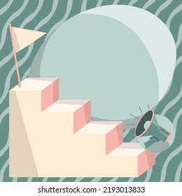 Operational Megaphone Climbing Up Stair Case Reaching Destination Flag On Top. Space For Text On Wavy Background. Horn Speaker Achieving Goals Atop Of Ladder.
