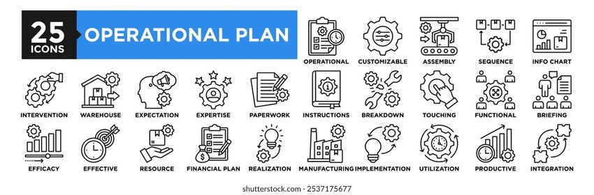 Symbolsammlung für den Einsatzplan. Mit Design-Business, Management, Strategie, Prozess, Plan, Entwicklung