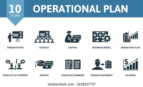 Operational Plan icon set. Monochrome simple Operational Plan icon collection. Presentation, Audiece, Capital, Business Model, Marketing Plan, Conflict Of Interest, Grants, Executive Summary, Mission