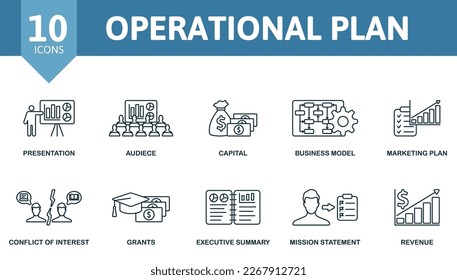Operational Plan icon set. Monochrome simple Operational Plan icon collection. Presentation, Audiece, Capital, Business Model, Marketing Plan, Conflict Of Interest, Grants, Executive Summary, Mission