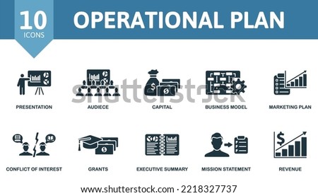 Operational Plan icon set. Monochrome simple Operational Plan icon collection. Presentation, Audiece, Capital, Business Model, Marketing Plan, Conflict Of Interest, Grants, Executive Summary, Mission