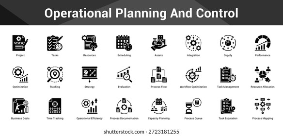 Planificación y control operativos Conjunto coherente de iconos vectoriales minimalistas que representan ideas clave con claridad visual