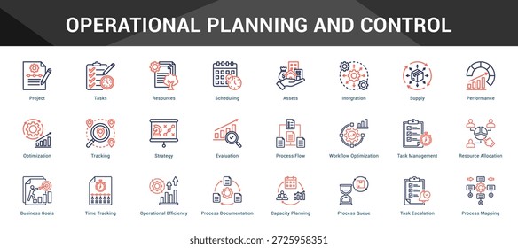 Planificación y control operativos Conjunto coherente de iconos vectoriales minimalistas que representan ideas clave con claridad visual