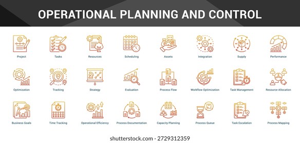 Planificación y control operativos Conjunto coherente de iconos vectoriales minimalistas que representan ideas clave con claridad visual