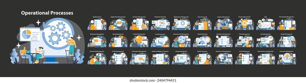 Procesos operativos de noche o modo oscuro. Visión general integral de las funciones del negocio. Del control de calidad a la gestión de crisis. Racionalización de la eficiencia y el crecimiento. Ilustración vectorial plana.